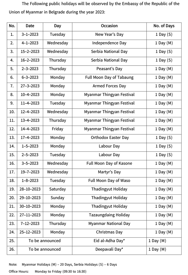 Holidays Embassy of the Republic of the Union of Myanmar